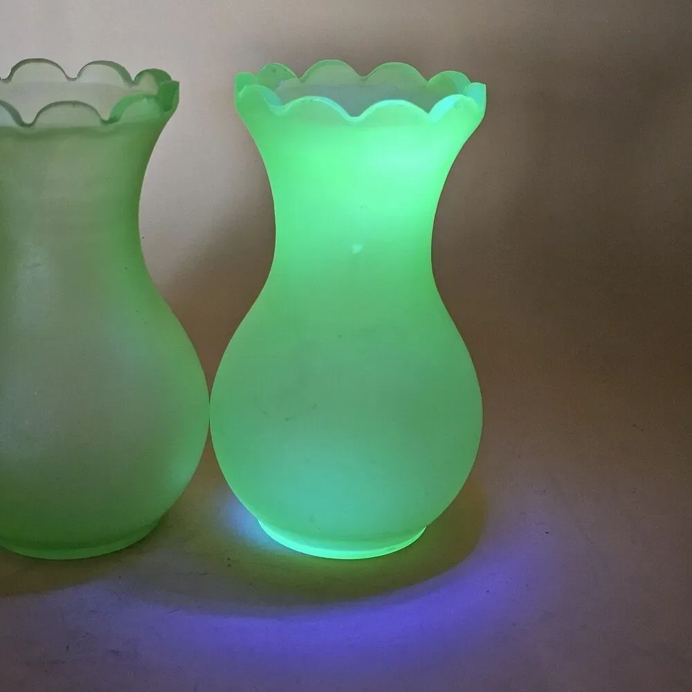 Vintage Viking Glass Frosted Green Uranium Glass Vases 6.25